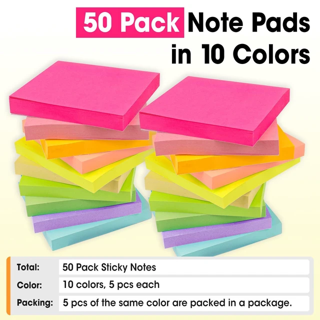 Alt view image 5 of 7 - 50 Pads Sticky Notes 3x3, Self-Stick Pads Bulk Bright Colors, School Supplies, Office Products, 50 Sheet/Pad