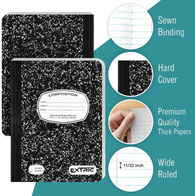Alt view image 4 of 6 - Composition Notebook Wide Ruled 48 PK Bulk 200 Pages for School Feature: No Bleed Pages, Ideal for: Students, Teachers, Binding: Sewn Composition Binding, Cover: Black Marble