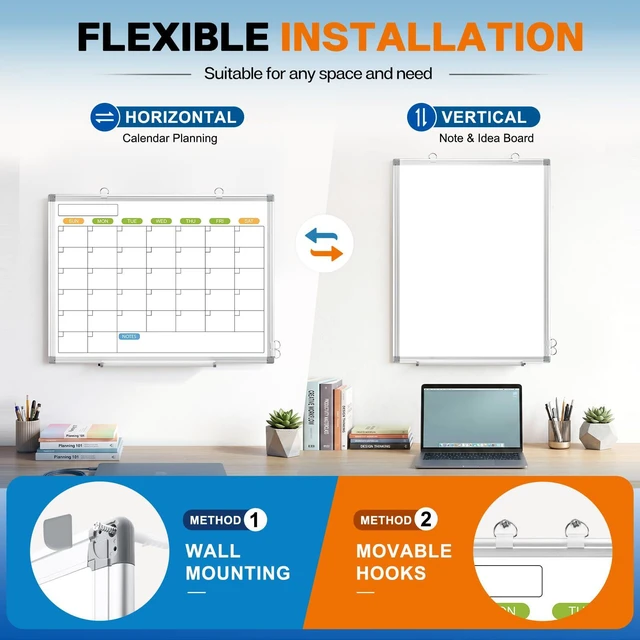 Alt view image 4 of 7 - 24" x 18" Magnetic Monthly Dry Erase Whiteboard Calendar for Wall Double-sided & Smooth Writing Calendar White Board Hanging Aluminum Frame, Home, School, Office