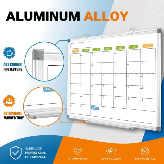 Alt view image 5 of 7 - 24" x 18" Magnetic Monthly Dry Erase Whiteboard Calendar for Wall Double-sided & Smooth Writing Calendar White Board Hanging Aluminum Frame, Home, School, Office