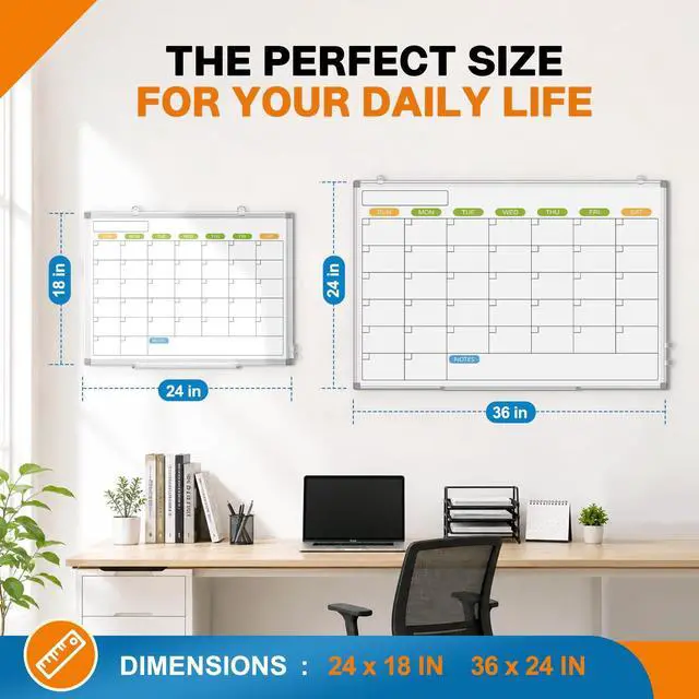 Alt view image 7 of 7 - 24" x 18" Magnetic Monthly Dry Erase Whiteboard Calendar for Wall Double-sided & Smooth Writing Calendar White Board Hanging Aluminum Frame, Home, School, Office