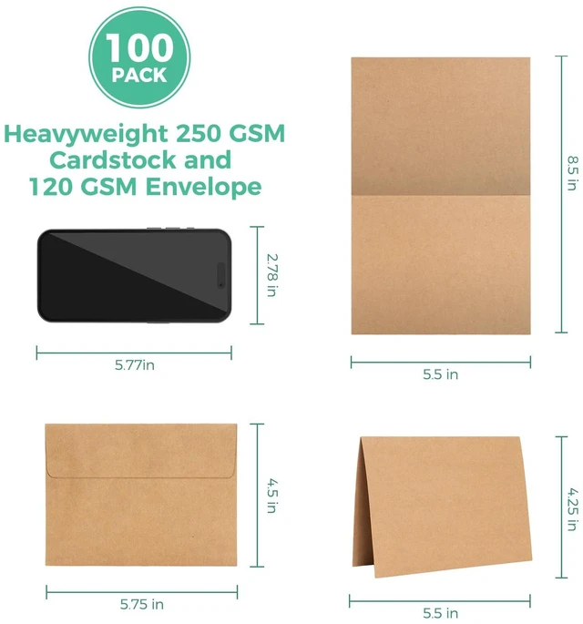 Alt view image 2 of 7 - A2 Blank Brown Kraft Cards and Self-Seal Envelopes 100 Pack 4.25" x 5.5" Folded Cardstock Paper and A2 Envelopes for DIY Greeting Cards Wedding Birthday Invitations and All Occasions