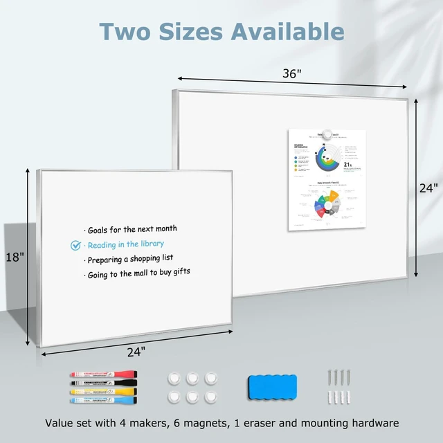 Alt view image 6 of 7 - Magnetic Whiteboard, 24" x 18" Dry Erase White Board for Wall Silver Aluminum Frame, Easy to Write and Erase, Wall Mounted, Presentation Board, for Home, Office, School, Kitchen