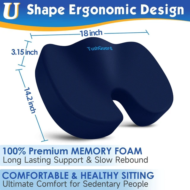 Alt view image 2 of 7 - Seat Cushion for Office Chair, Car, Memory Foam, Blue Large For Back, Coccyx, Sciatica, Tailbone Pain, Ergonomic Design, Non-Slip, Desk Wheelchair Use, Supportive Butt Pillow, For Man