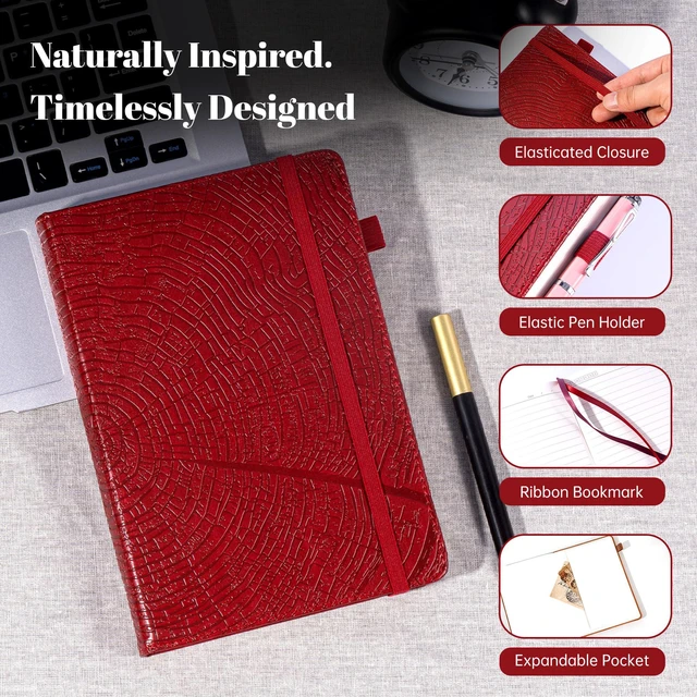 Alt view image 2 of 7 - Lined Journal for Men & Women, Tree Growth Ring Hardcover A5 Notebook 256 Pages, 100 GSM Paper, Vegan Leather Bound Journal, Diary, Lay-Flat, Daily Writing & Journaling, Work & Travel, Red
