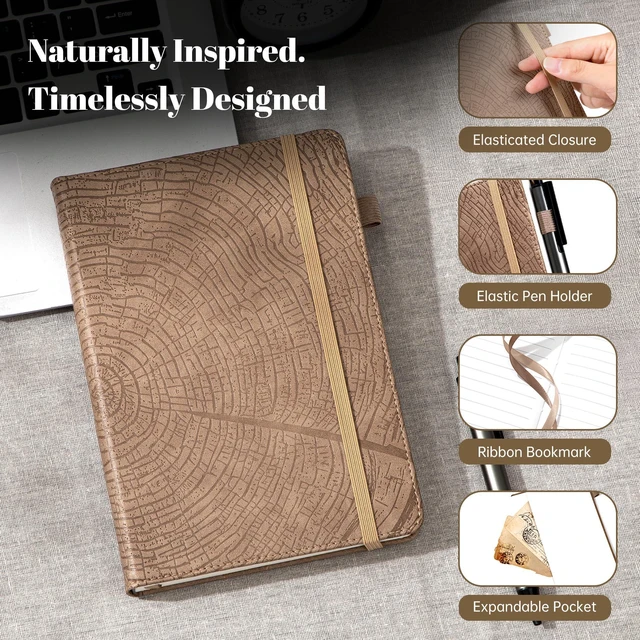 Alt view image 2 of 7 - Lined Journal for Men & Women, Tree Growth Ring Hardcover A5 Notebook 256 Pages, 100 GSM Paper, Vegan Leather Bound Journal, Diary, Lay-Flat, Daily Writing & Journaling, Work & Travel, Khaki