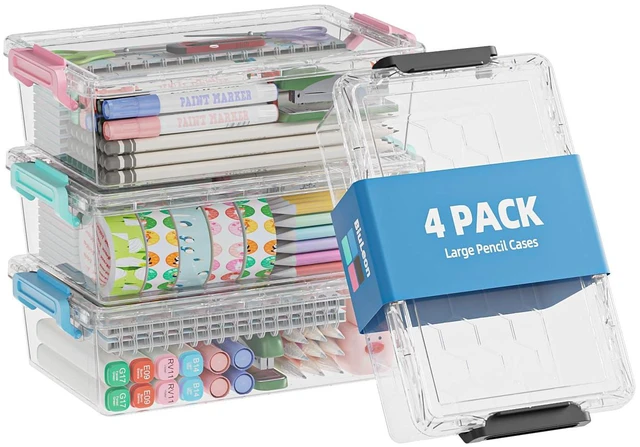 Main image of 4 Pack Extra Large Pencil Box, Plastic Pencil Case Organizer, Clear Crayon Box Marker Organizer, Stackable Craft Organizers and Storage for Pen, Craft, Art Supply(Green/Blue/Pink/Black)