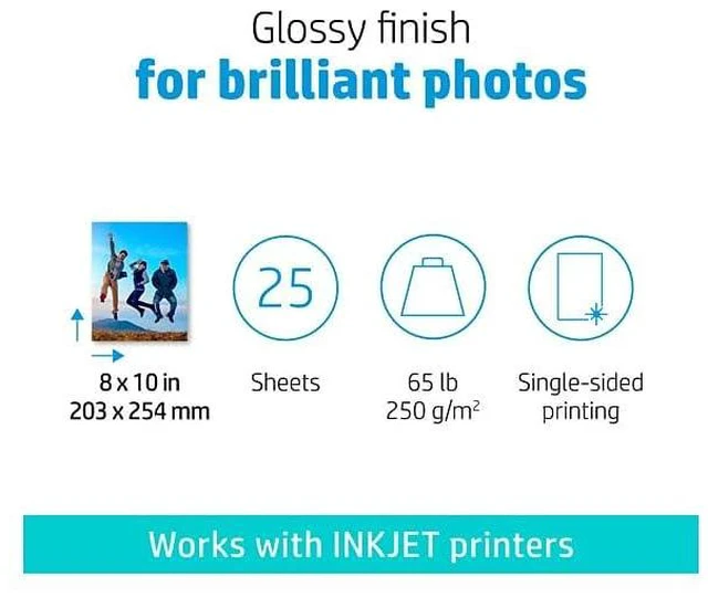 Alt view image 5 of 7 - Advanced Photo Paper, Glossy, 65 lb, 8 x 10 in., 203 x 254 mm, 25 sheets (6J777A)