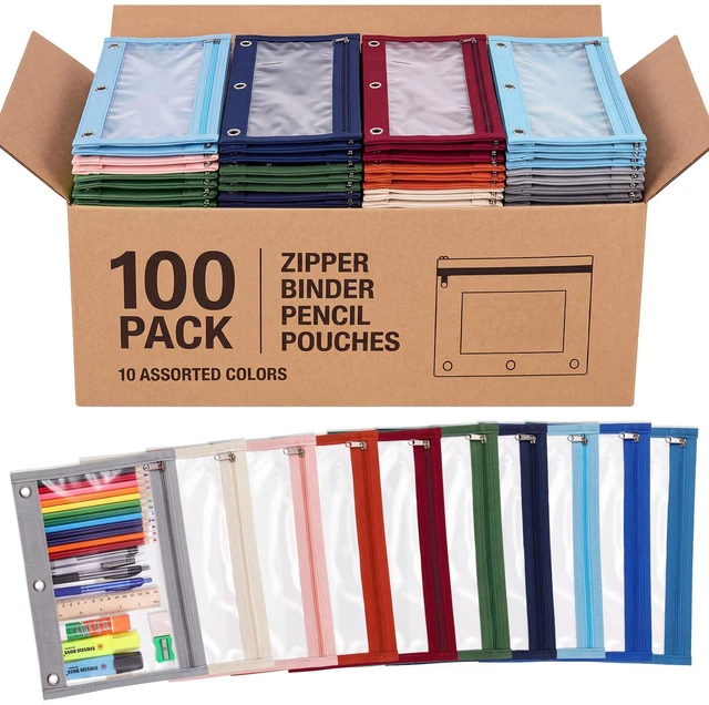 Main image of 100 Pcs Classroom Binder Pencil Pouches, Fresh Color, 1 Zipper 3 Ring Binder Zipper Pencil Pouches, Mesh Layer Pencil Bags Bulk, Pencils Pouches for Students, Back to School Pen Bags