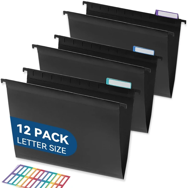 Main image of Plastic Hanging File Folders, Letter Size, Tear-Resistant, Black 12-Pack, Sturdy and Easy to Clean, for Filing Cabinets, with Insertable 1/5-Cut Tabs and Colorful Labels