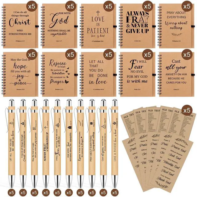 Alt view image 2 of 7 - 150 Pcs/50 Set Christian Spiral Notebook, Christian Gifts for Women with Ballpoint Pen and Bookmark, Prayer Journal Bulk Bible Study Groups, Church Members and Church Families