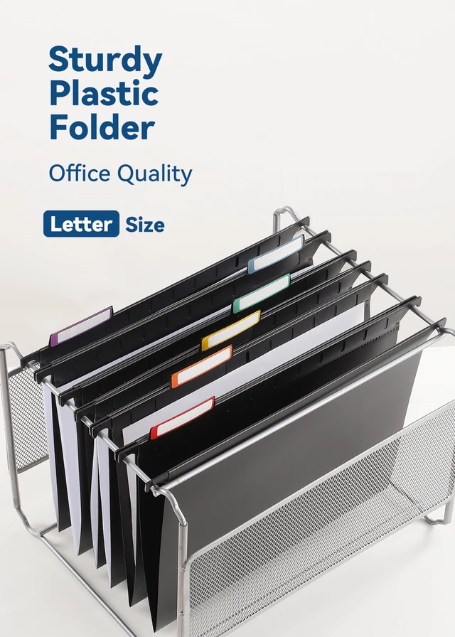 Alt view image 2 of 6 - Plastic Hanging File Folders, Letter Size, Tear-Resistant, Black 12-Pack, Sturdy and Easy to Clean, for Filing Cabinets, with Insertable 1/5-Cut Tabs and Colorful Labels