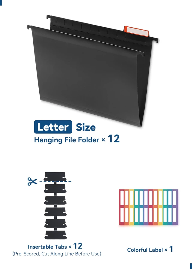 Alt view image 6 of 6 - Plastic Hanging File Folders, Letter Size, Tear-Resistant, Black 12-Pack, Sturdy and Easy to Clean, for Filing Cabinets, with Insertable 1/5-Cut Tabs and Colorful Labels