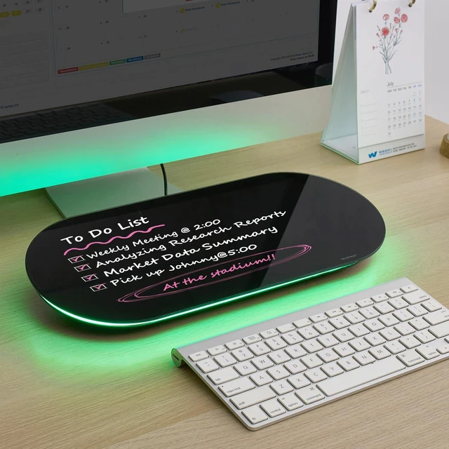 Main image of Glass Desktop Whiteboard - 17 X 7 Inches Black Board Green Light Glass Surface/Notepad with 1 Drawer/ Desk Organizers/ for Office, Home, School Supplies