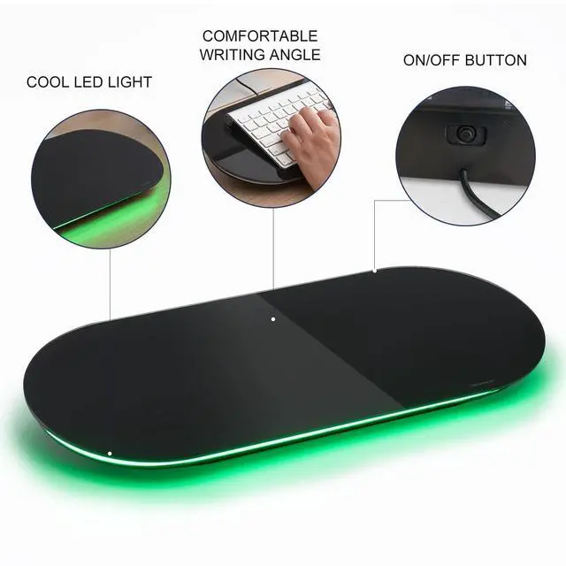 Alt view image 3 of 7 - Glass Desktop Whiteboard - 17 X 7 Inches Black Board Green Light Glass Surface/Notepad with 1 Drawer/ Desk Organizers/ for Office, Home, School Supplies