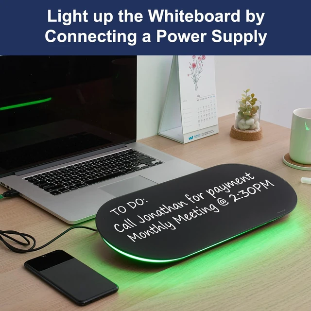 Alt view image 6 of 7 - Glass Desktop Whiteboard - 17 X 7 Inches Black Board Green Light Glass Surface/Notepad with 1 Drawer/ Desk Organizers/ for Office, Home, School Supplies
