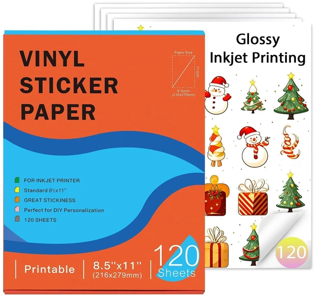 Main image of Printable Vinyl Sticker Paper for Inkjet Printers, 120 Sheets Glossy White 8.5 x 11 Inch, Waterproof, Quick Dry, Vivid Colors, Compatible with Cricut for Decals and DIY Stickers