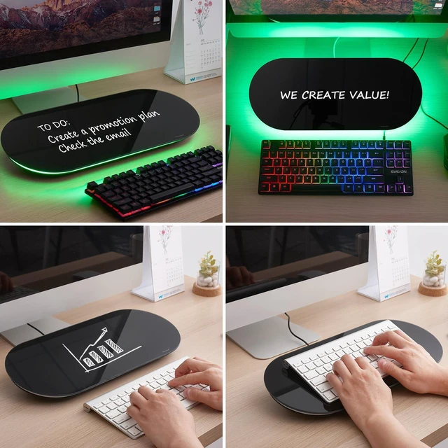 Alt view image 7 of 7 - Glass Desktop Whiteboard - 17 X 7 Inches Black Board Green Light Glass Surface/Notepad with 1 Drawer/ Desk Organizers/ for Office, Home, School Supplies