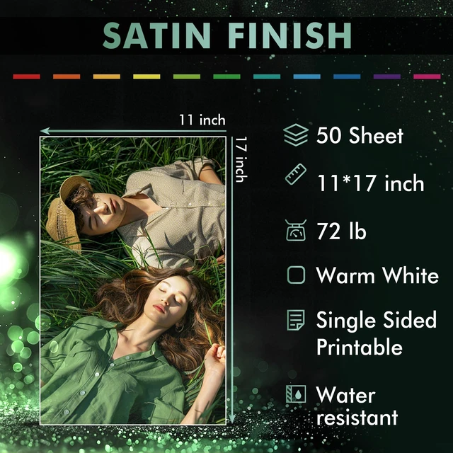 Alt view image 2 of 6 - Satin Photo Paper, Waterproof, 11x17 Inch 50 Sheets, 72lb, Single Sided, for Inkjet Printers, for Family Photos, Art Prints