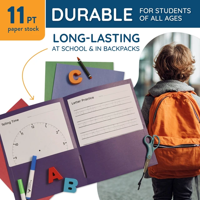 Alt view image 3 of 6 - 100 Paper 2 Pocket Folders, Letter Size, Assorted Durable Paper, 2 Pockets, Letter Size, for School, Office, and Presentation Use