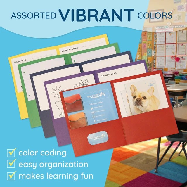 Alt view image 4 of 6 - 100 Paper 2 Pocket Folders, Letter Size, Assorted Durable Paper, 2 Pockets, Letter Size, for School, Office, and Presentation Use