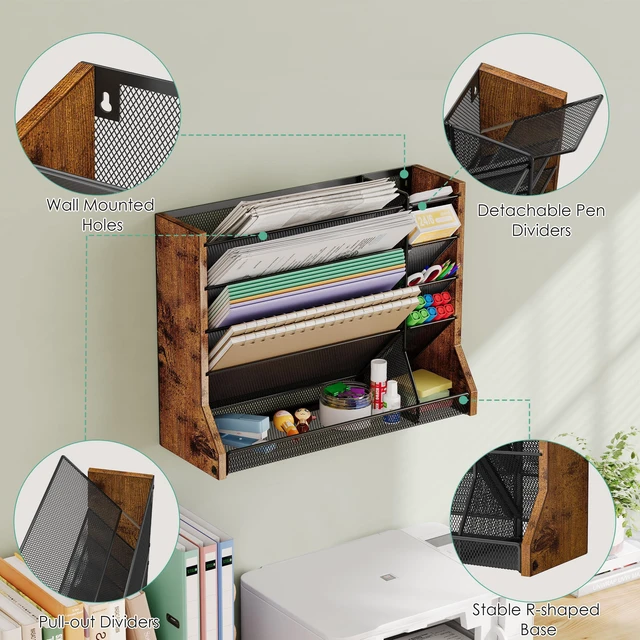 Alt view image 2 of 7 - 5 Tiers Ironwood Wall Desk File Holder Organizer Organizer, Brown Adjustable mesh dividers, space saving hanging desk rack, stable R-shaped bottom base tray, multi functional office mailbox