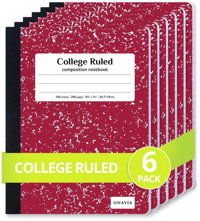 Main image of Composition Notebook College Ruled 6 Pack, 200 Pages, Marble Red 100 ct, 9.75 x 7.5 in, Durable Comp Book, School Notebooks, Students, Note Taking, Writing, Teachers