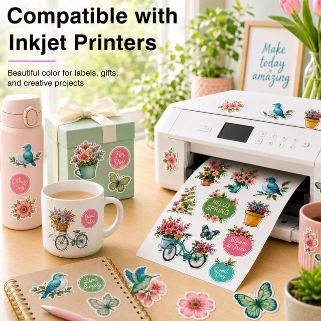 Alt view image 3 of 7 - Printable Vinyl Sticker Paper for Inkjet Printers, 120 Sheets Glossy White 8.5 x 11 Inch, Waterproof, Quick Dry, Vivid Colors, Compatible with Cricut for Decals and DIY Stickers