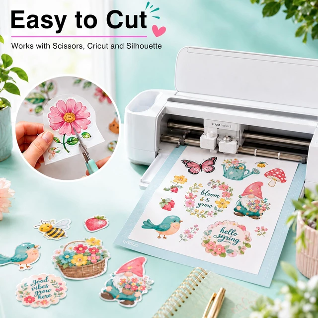 Alt view image 4 of 7 - Printable Vinyl Sticker Paper for Inkjet Printers, 120 Sheets Glossy White 8.5 x 11 Inch, Waterproof, Quick Dry, Vivid Colors, Compatible with Cricut for Decals and DIY Stickers