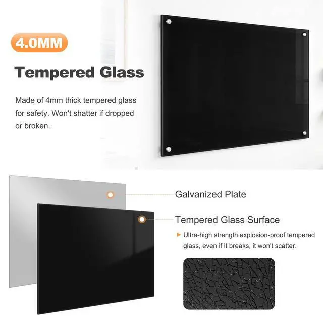 Alt view image 3 of 7 - 24 x 18 Black Dry Erase Board Magnetic Tempered Glass Whiteboard (2 x 1.5) Wall Mounted Frameless Dry Erase Black Glass Board with Acrylic Pen tray, Magnets for Office, Home
