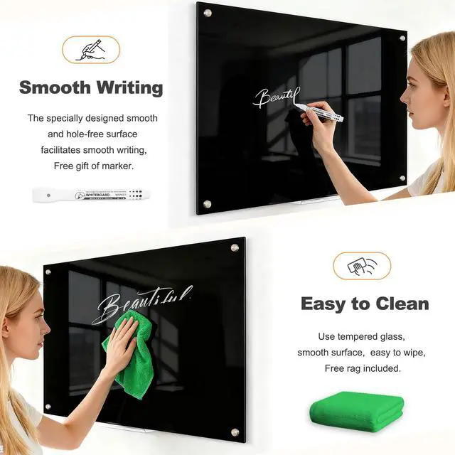 Alt view image 2 of 7 - 24 x 18 Black Dry Erase Board Magnetic Tempered Glass Whiteboard (2 x 1.5) Wall Mounted Frameless Dry Erase Black Glass Board with Acrylic Pen tray, Magnets for Office, Home