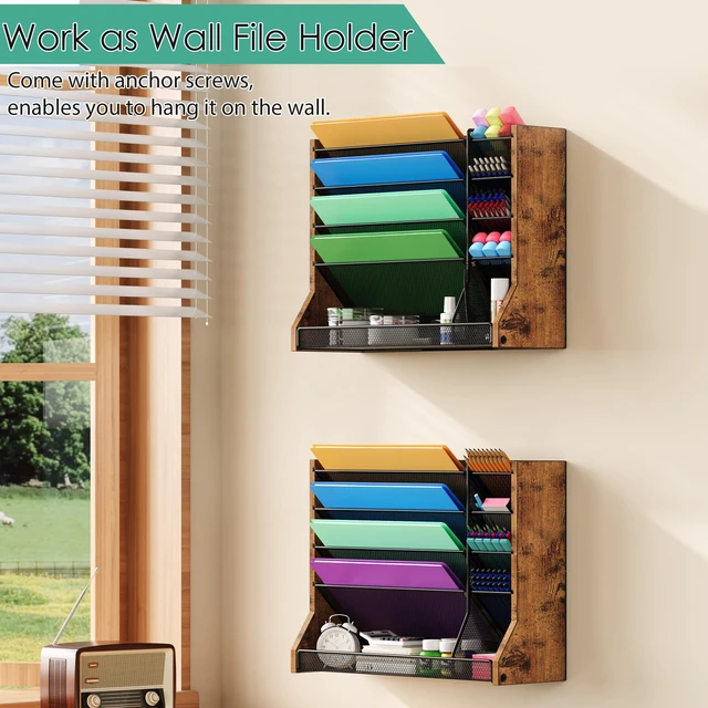 Alt view image 3 of 7 - 5 Tiers Ironwood Wall Desk File Holder Organizer Organizer, Brown Adjustable mesh dividers, space saving hanging desk rack, stable R-shaped bottom base tray, multi functional office mailbox