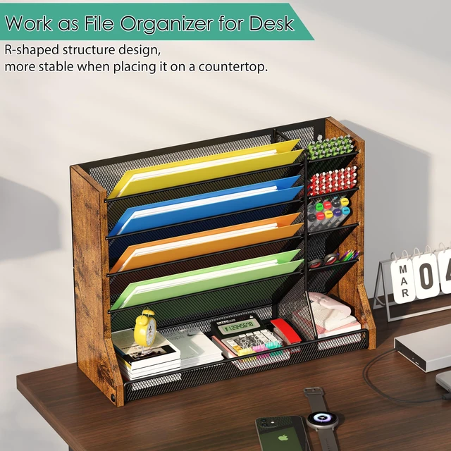 Alt view image 4 of 7 - 5 Tiers Ironwood Wall Desk File Holder Organizer Organizer, Brown Adjustable mesh dividers, space saving hanging desk rack, stable R-shaped bottom base tray, multi functional office mailbox