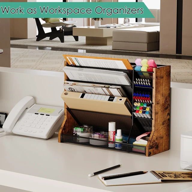 Alt view image 5 of 7 - 5 Tiers Ironwood Wall Desk File Holder Organizer Organizer, Brown Adjustable mesh dividers, space saving hanging desk rack, stable R-shaped bottom base tray, multi functional office mailbox