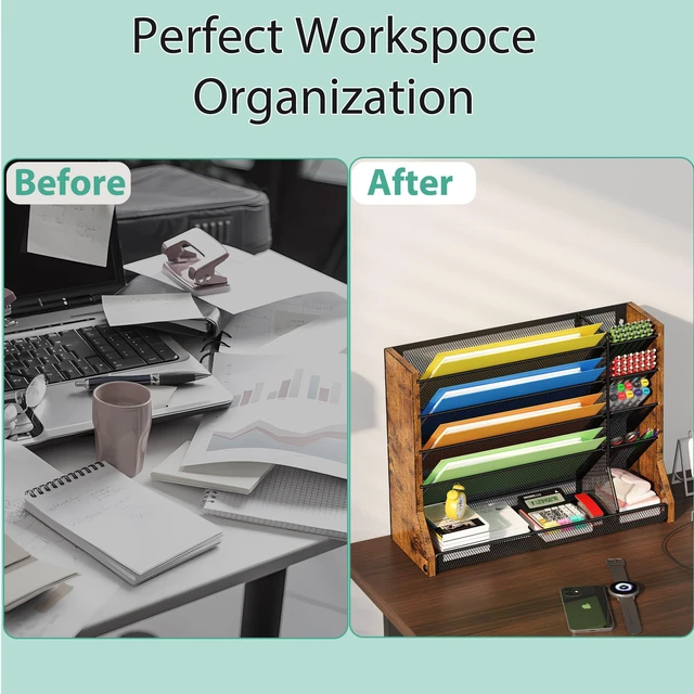 Alt view image 6 of 7 - 5 Tiers Ironwood Wall Desk File Holder Organizer Organizer, Brown Adjustable mesh dividers, space saving hanging desk rack, stable R-shaped bottom base tray, multi functional office mailbox