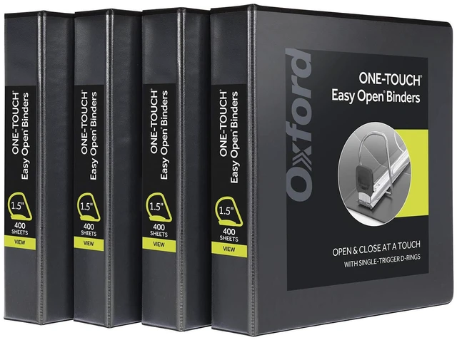 Main image of 3 Ring Binders, Binders for School and Office, Durable 1.5 Inch ONE-Touch Easy Open D Rings, View Binder Covers on 3 Sides, Durable Hinge, Non-Stick, PVC-Free, Black, 4 Pack (79905)