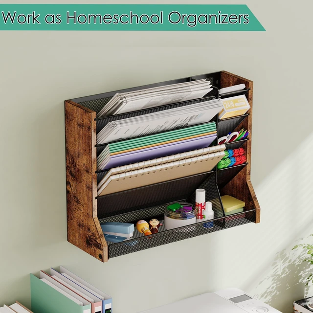 Alt view image 7 of 7 - 5 Tiers Ironwood Wall Desk File Holder Organizer Organizer, Brown Adjustable mesh dividers, space saving hanging desk rack, stable R-shaped bottom base tray, multi functional office mailbox