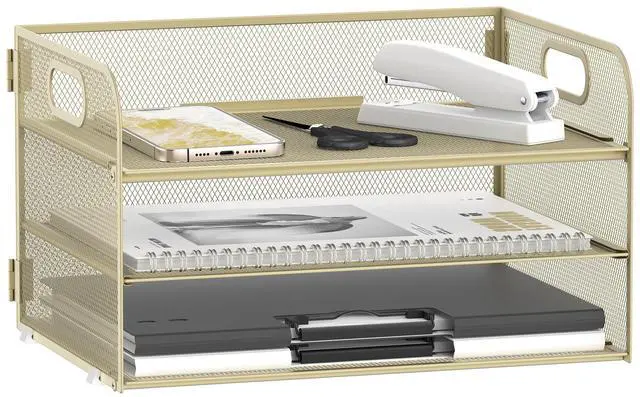 Main image of 3 Tier Paper Organizer for Desk, Sliding Paper Trays, Yellow 3 Tier desk organizer and paper tray with handle and for A4 sheets, files, mail and folders in home offices or classrooms