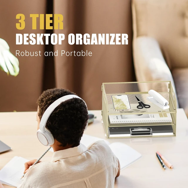 Alt view image 2 of 6 - 3 Tier Paper Organizer for Desk, Sliding Paper Trays, Yellow 3 Tier desk organizer and paper tray with handle and for A4 sheets, files, mail and folders in home offices or classrooms