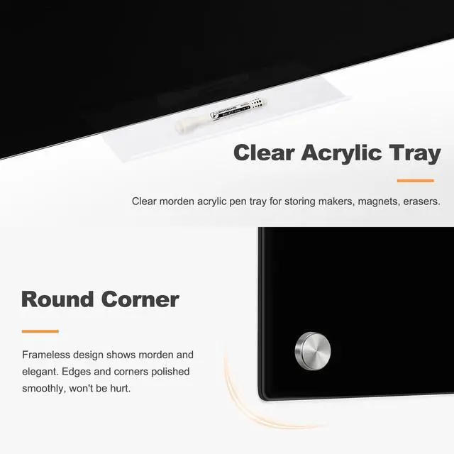 Alt view image 6 of 7 - 24 x 18 Black Dry Erase Board Magnetic Tempered Glass Whiteboard (2 x 1.5) Wall Mounted Frameless Dry Erase Black Glass Board with Acrylic Pen tray, Magnets for Office, Home