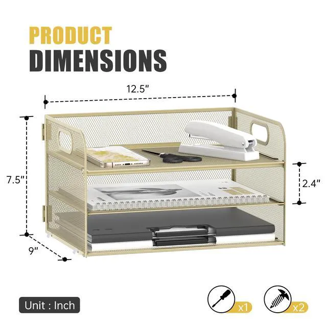 Alt view image 3 of 6 - 3 Tier Paper Organizer for Desk, Sliding Paper Trays, Yellow 3 Tier desk organizer and paper tray with handle and for A4 sheets, files, mail and folders in home offices or classrooms