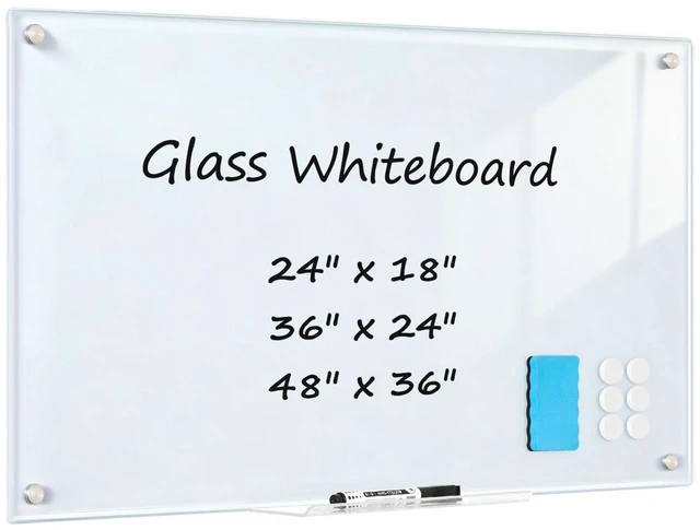 Main image of Tempered Glass Whiteboard 24" x 18" Magnetic Glass Dry Erase Board (2 x 1.5) Small Wall Mounted Glass White Board with Acrylic Pen Tray for Office, Home, School
