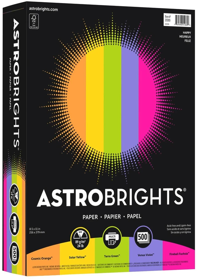 Main image of Astrobrights(R) Bright Color Paper, 8 1/2in. x 11in., 24 Lb, Assorted Colors, Ream Of 500 Sheets, 21289