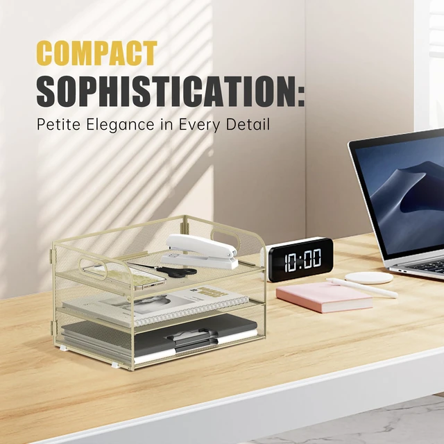 Alt view image 5 of 6 - 3 Tier Paper Organizer for Desk, Sliding Paper Trays, Yellow 3 Tier desk organizer and paper tray with handle and for A4 sheets, files, mail and folders in home offices or classrooms