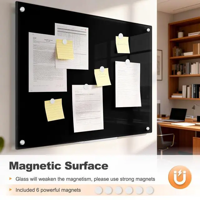 Alt view image 5 of 7 - 24 x 18 Black Dry Erase Board Magnetic Tempered Glass Whiteboard (2 x 1.5) Wall Mounted Frameless Dry Erase Black Glass Board with Acrylic Pen tray, Magnets for Office, Home