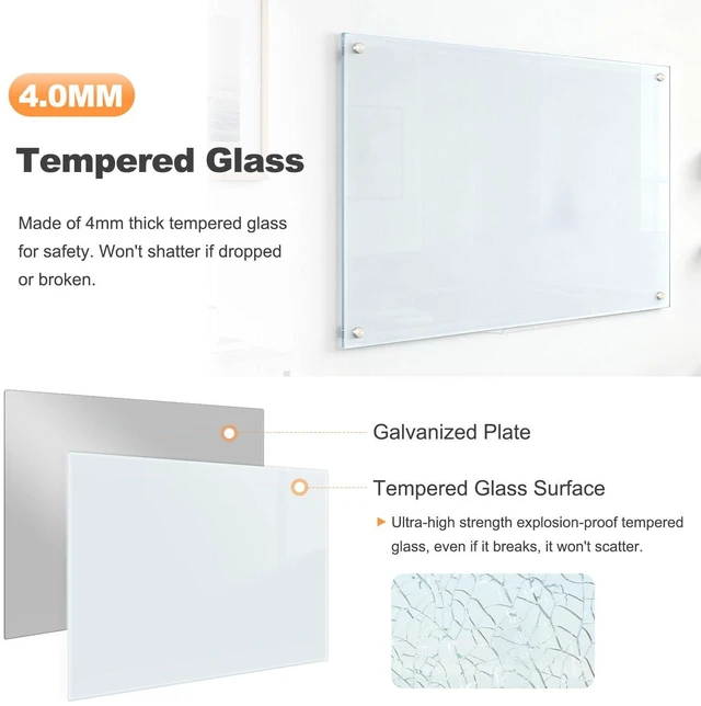 Alt view image 3 of 7 - Tempered Glass Whiteboard 24" x 18" Magnetic Glass Dry Erase Board (2 x 1.5) Small Wall Mounted Glass White Board with Acrylic Pen Tray for Office, Home, School