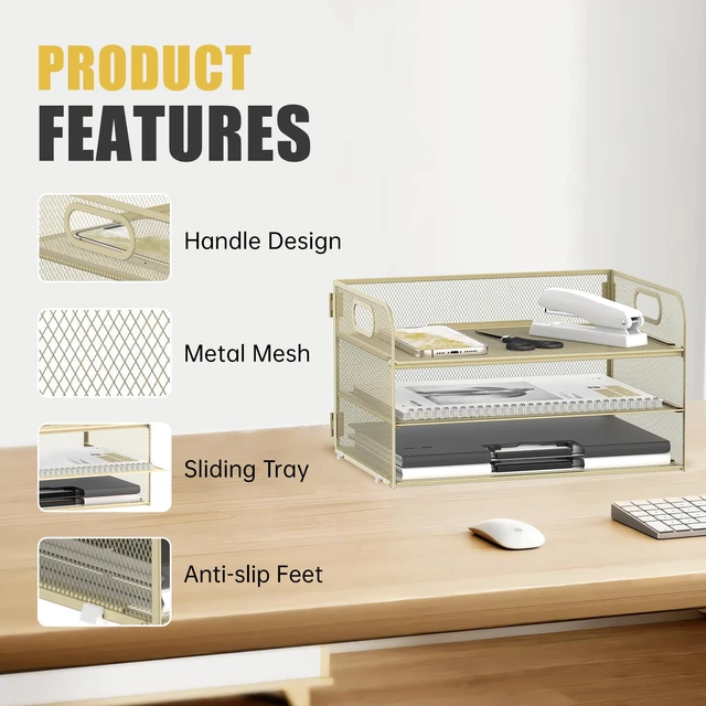 Alt view image 4 of 6 - 3 Tier Paper Organizer for Desk, Sliding Paper Trays, Yellow 3 Tier desk organizer and paper tray with handle and for A4 sheets, files, mail and folders in home offices or classrooms