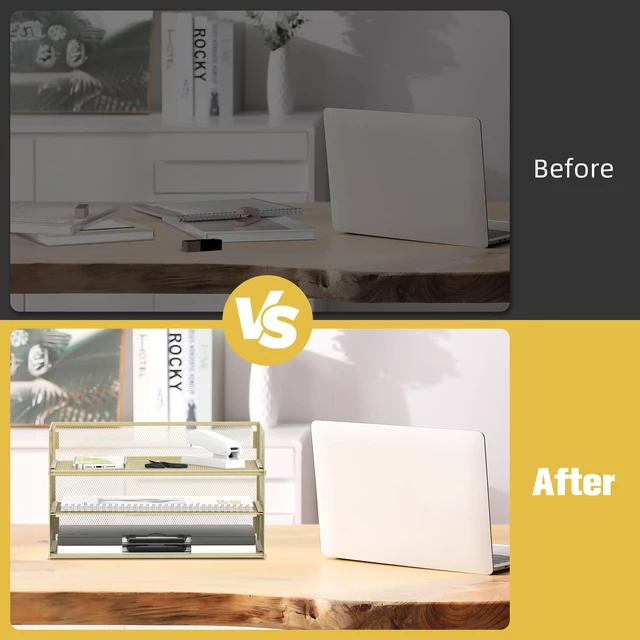 Alt view image 6 of 6 - 3 Tier Paper Organizer for Desk, Sliding Paper Trays, Yellow 3 Tier desk organizer and paper tray with handle and for A4 sheets, files, mail and folders in home offices or classrooms