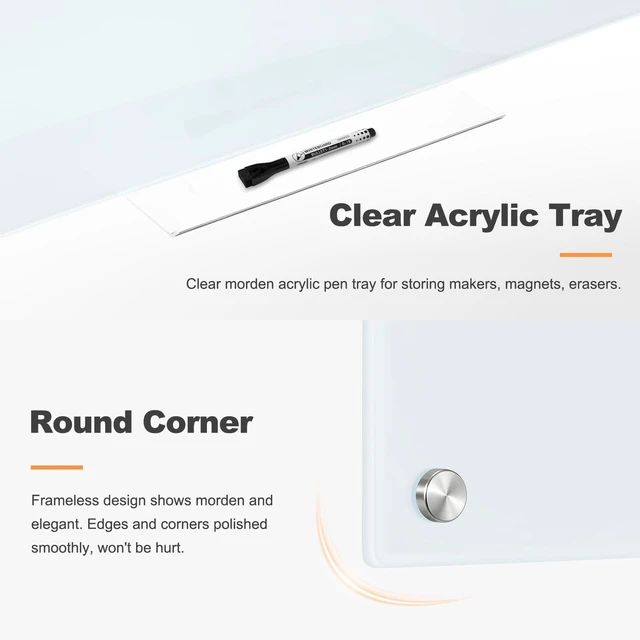 Alt view image 5 of 7 - Tempered Glass Whiteboard 24" x 18" Magnetic Glass Dry Erase Board (2 x 1.5) Small Wall Mounted Glass White Board with Acrylic Pen Tray for Office, Home, School