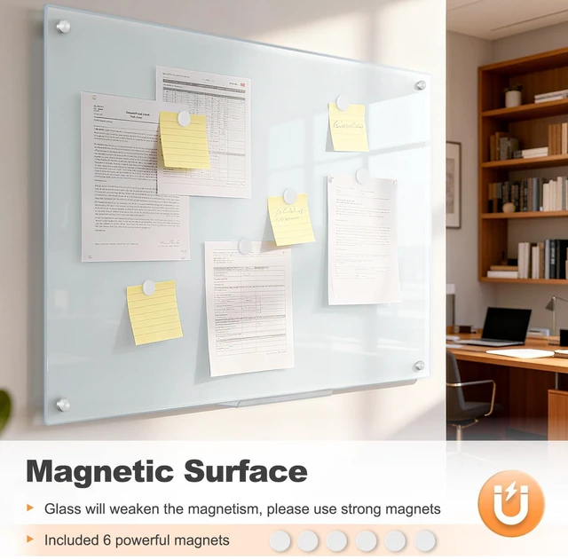Alt view image 6 of 7 - Tempered Glass Whiteboard 24" x 18" Magnetic Glass Dry Erase Board (2 x 1.5) Small Wall Mounted Glass White Board with Acrylic Pen Tray for Office, Home, School